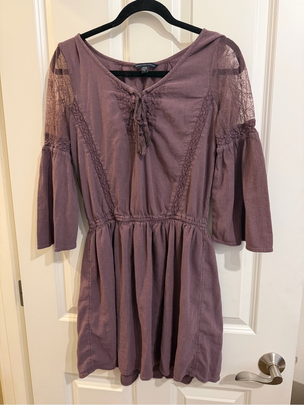American Eagle boho dark purple bell sleeve dress, size medium